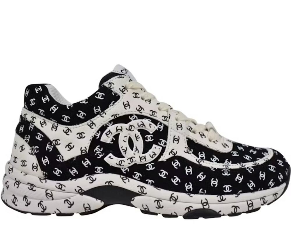 Chanel 22A womens Black White Suede All Over CC Logo Low Top Trainer Sneakers 39